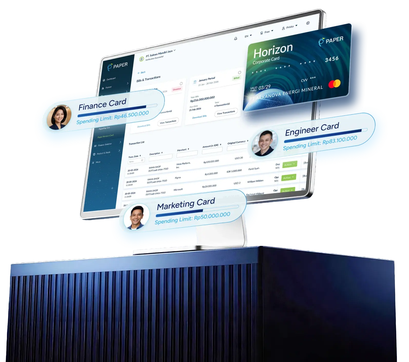Dashboard Expense Management dengan daftar transaksi dan kartu korporat