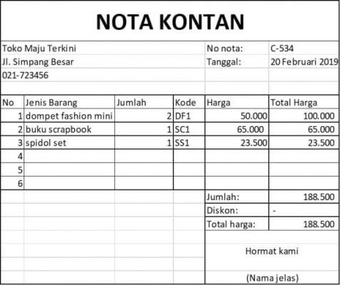 Contoh Nota Kontan