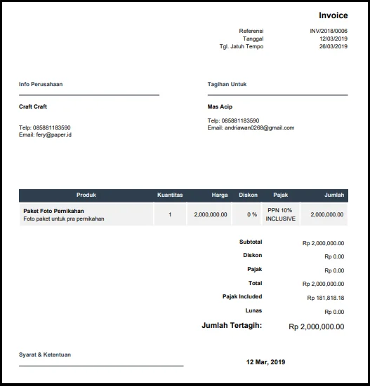 Contoh invoice penagihan / penjualan sederhana dan penjelasannya