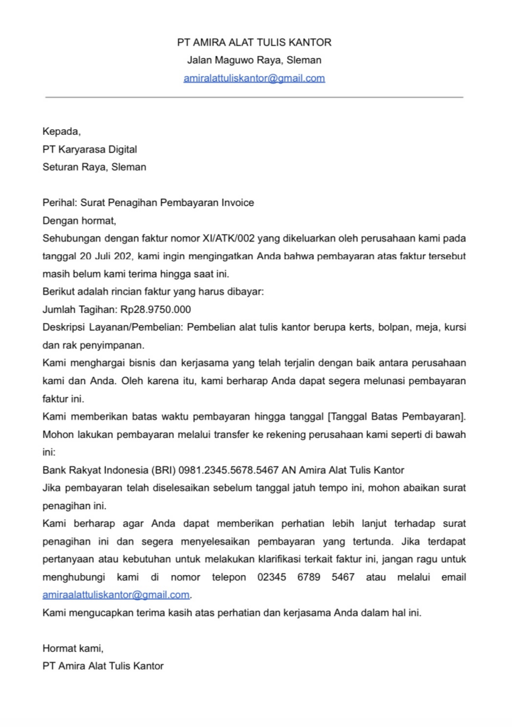 Contoh surat tagihan pembayaran