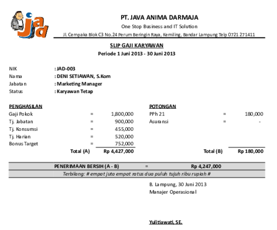 Contoh Slip Gaji Karyawan Tetap