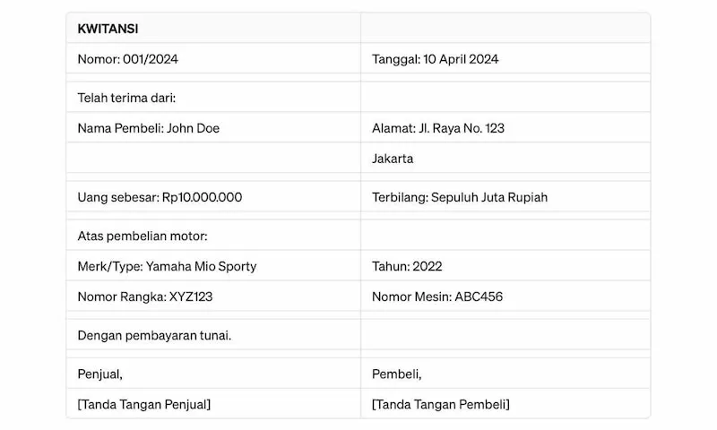 Contoh kwitansi jual beli motor secara tunai
