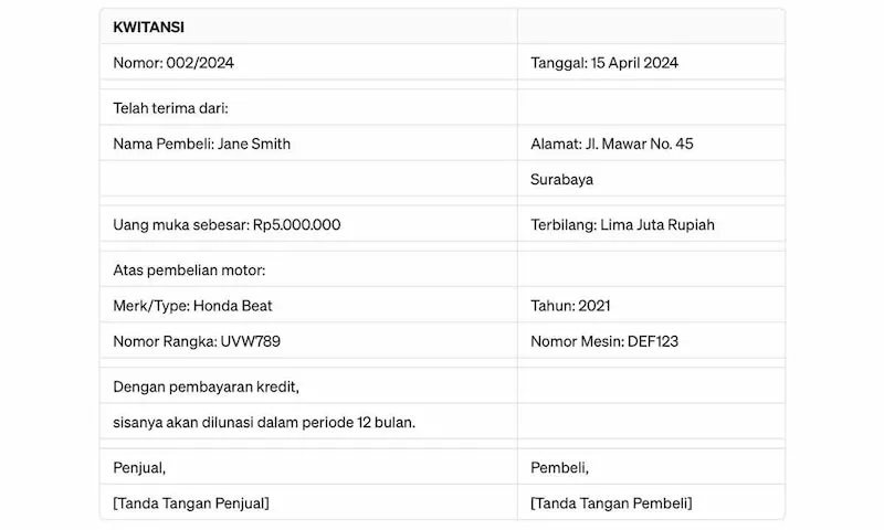 Contoh kwitansi jual beli motor secara kredit