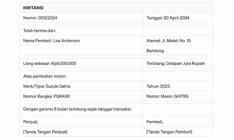 Contoh kwitansi jual beli motor dengan garansi
