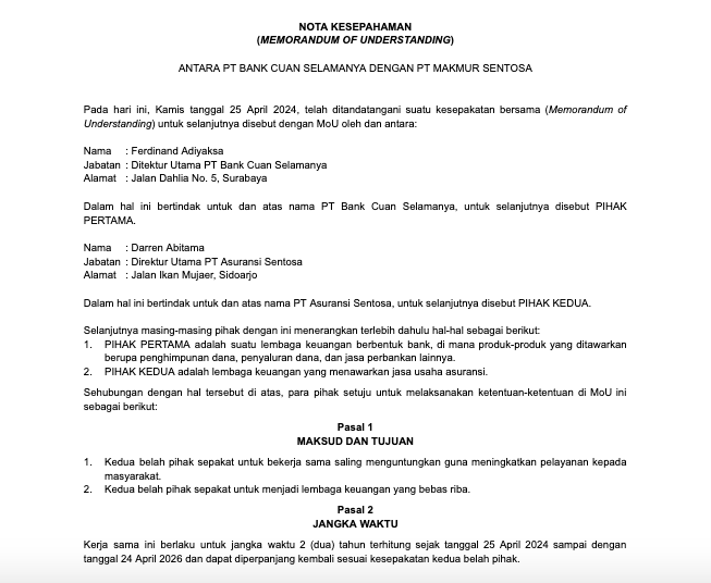 Contoh MoU kerja sama bisnis