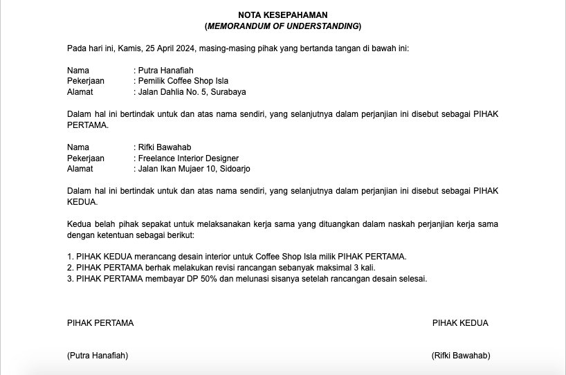 Contoh surat MoU kerja sama