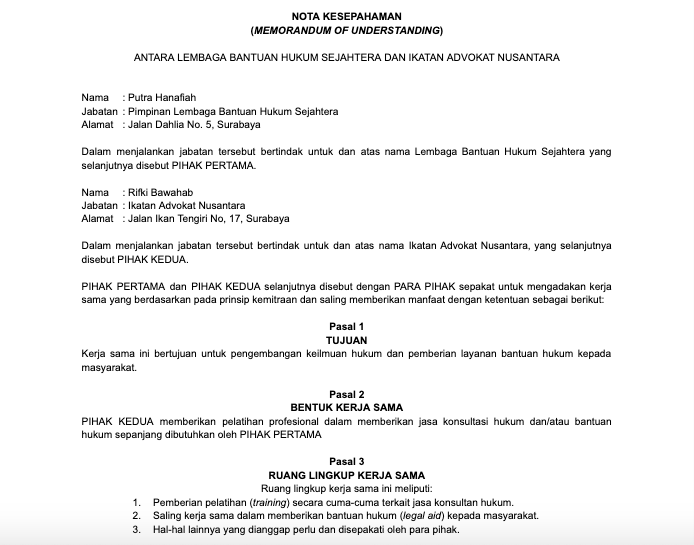 Contoh MoU kerja sama antar lembaga