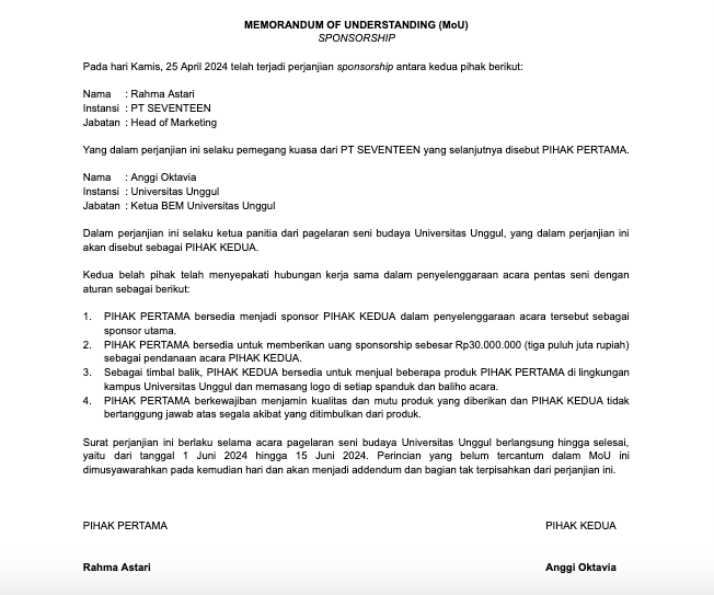 Contoh MoU sponsorship