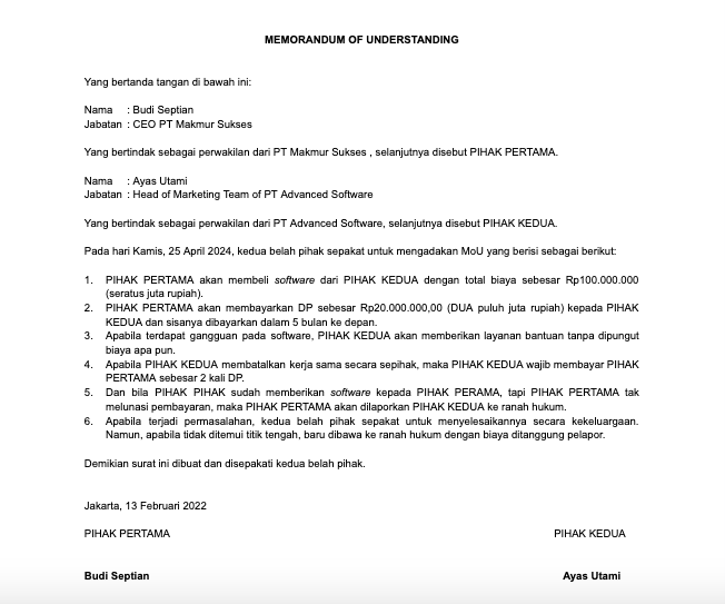 Contoh MoU kerja sama perusahaan