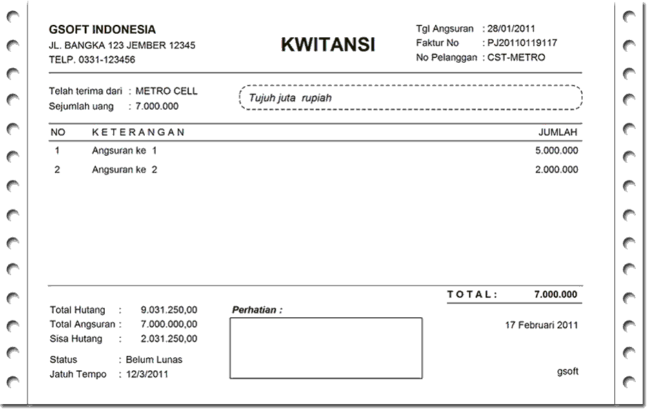 Contoh Kwitansi Pembayaran Cicilan atau Angsuran