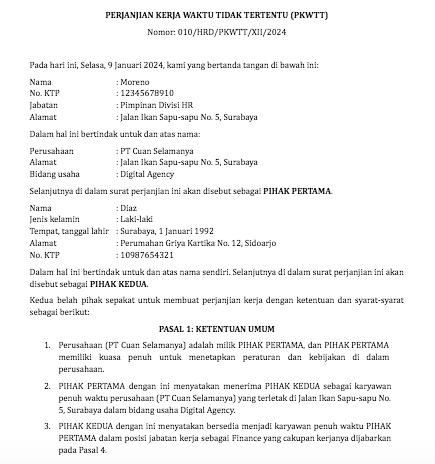 Contoh Surat Perjanjian Pekerja Tetap (PKWTT)