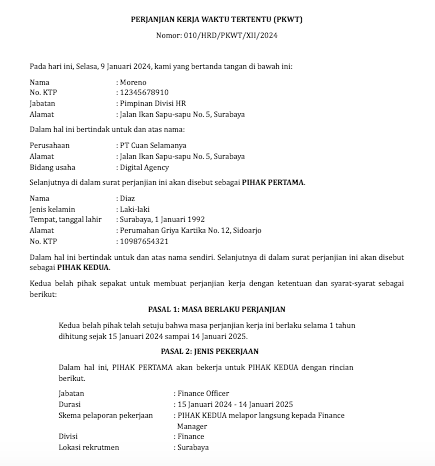 Surat Perjanjian Pekerja Paruh Waktu (Part-time)