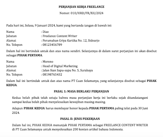 Surat Perjanjian Pekerja Magang (Intern)