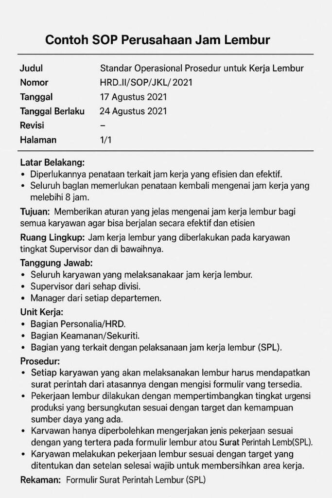 contoh sop perusahaan jam lembur