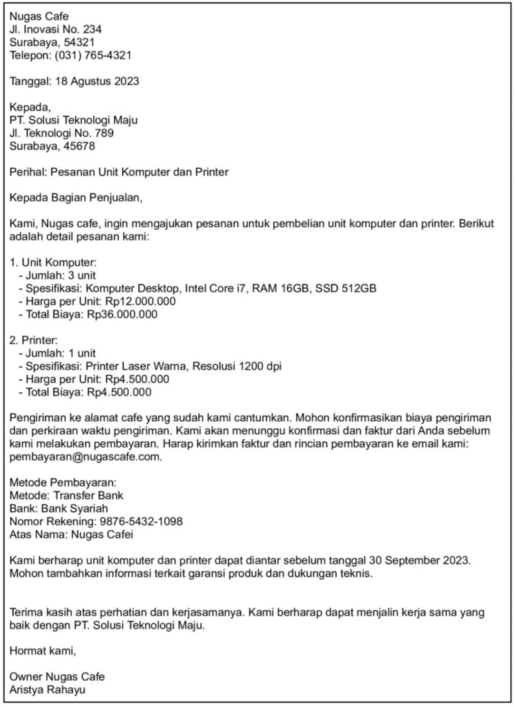 Contoh surat pesanan perangkat komputer