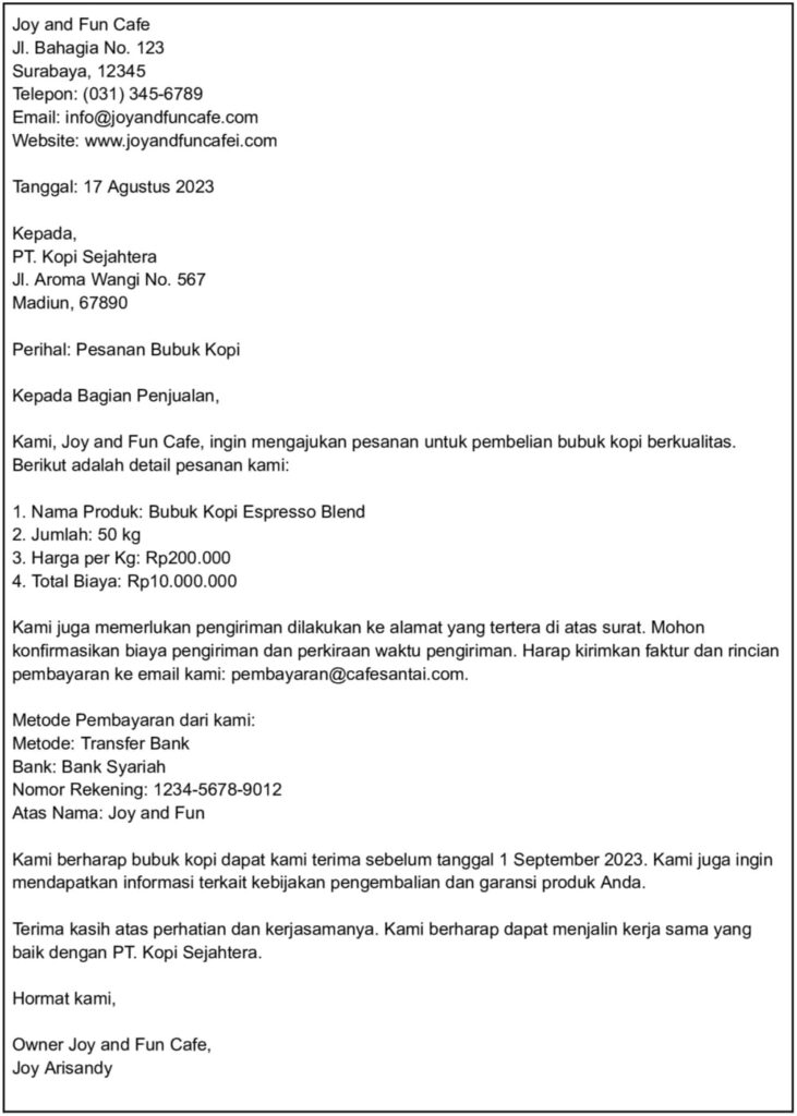 Contoh surat pesanan bahan baku kopi