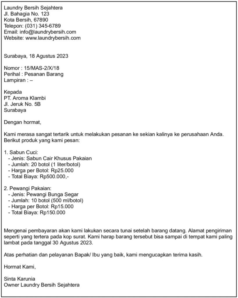 Contoh surat pesanan usaha laundry