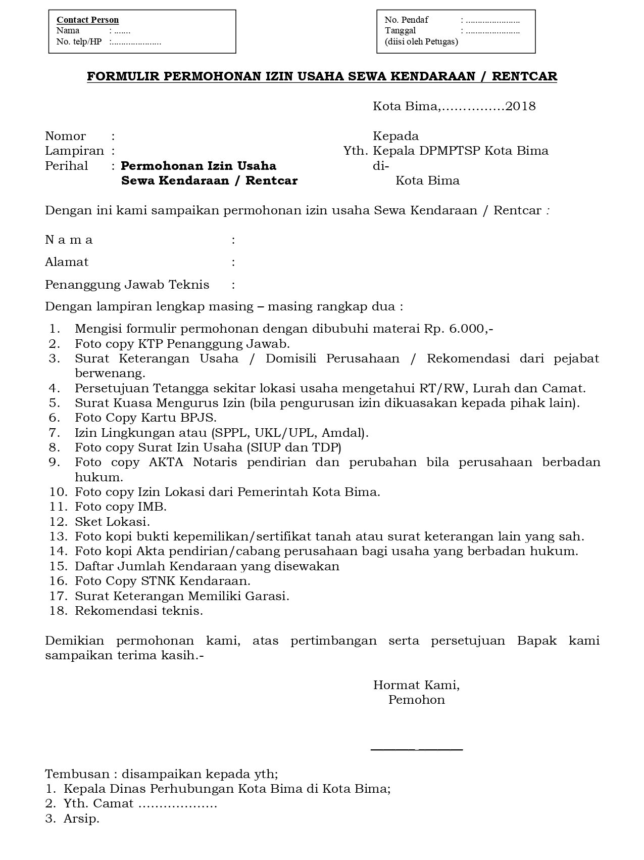 formulir permohonan izin usaha rental motor