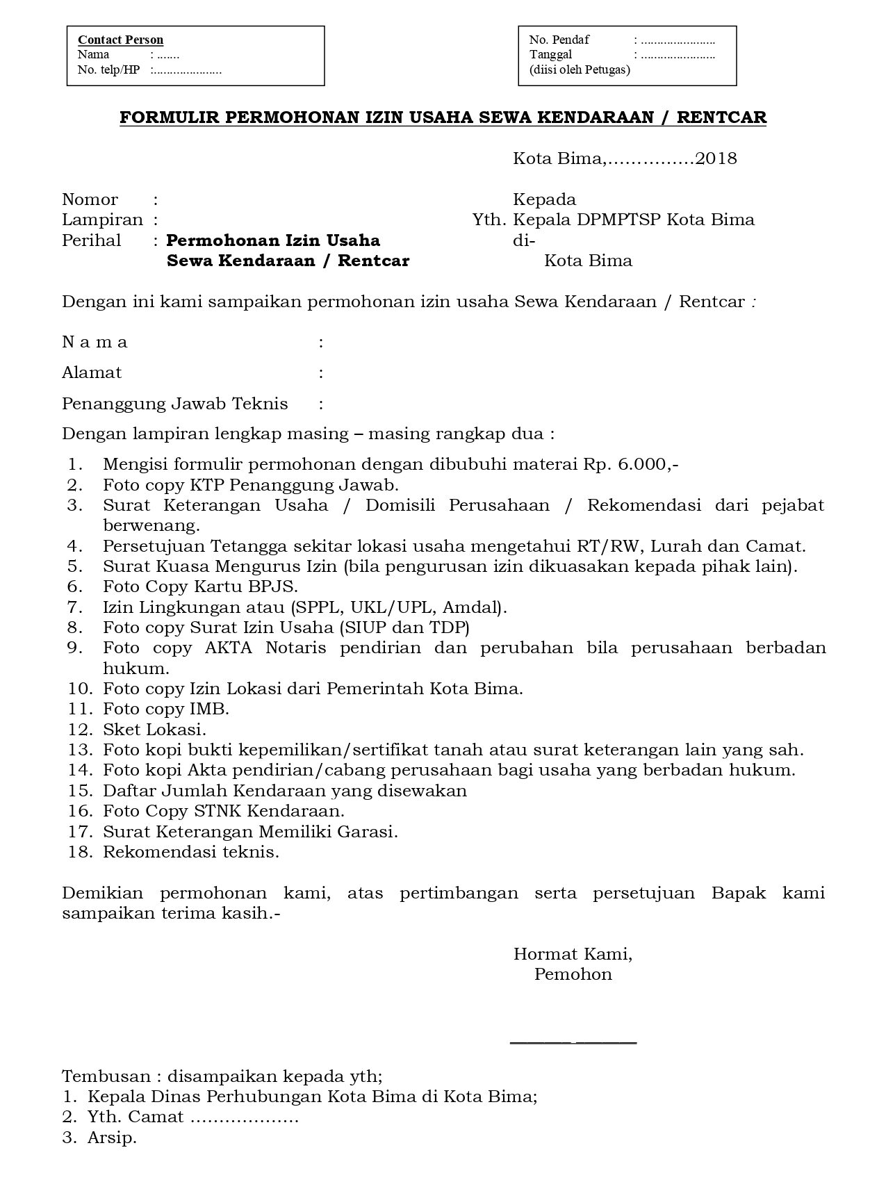 formulir permohonan izin usaha rental mobil