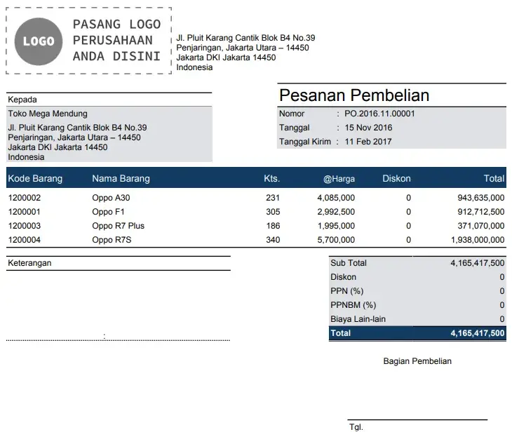 contoh purchase order Accurate