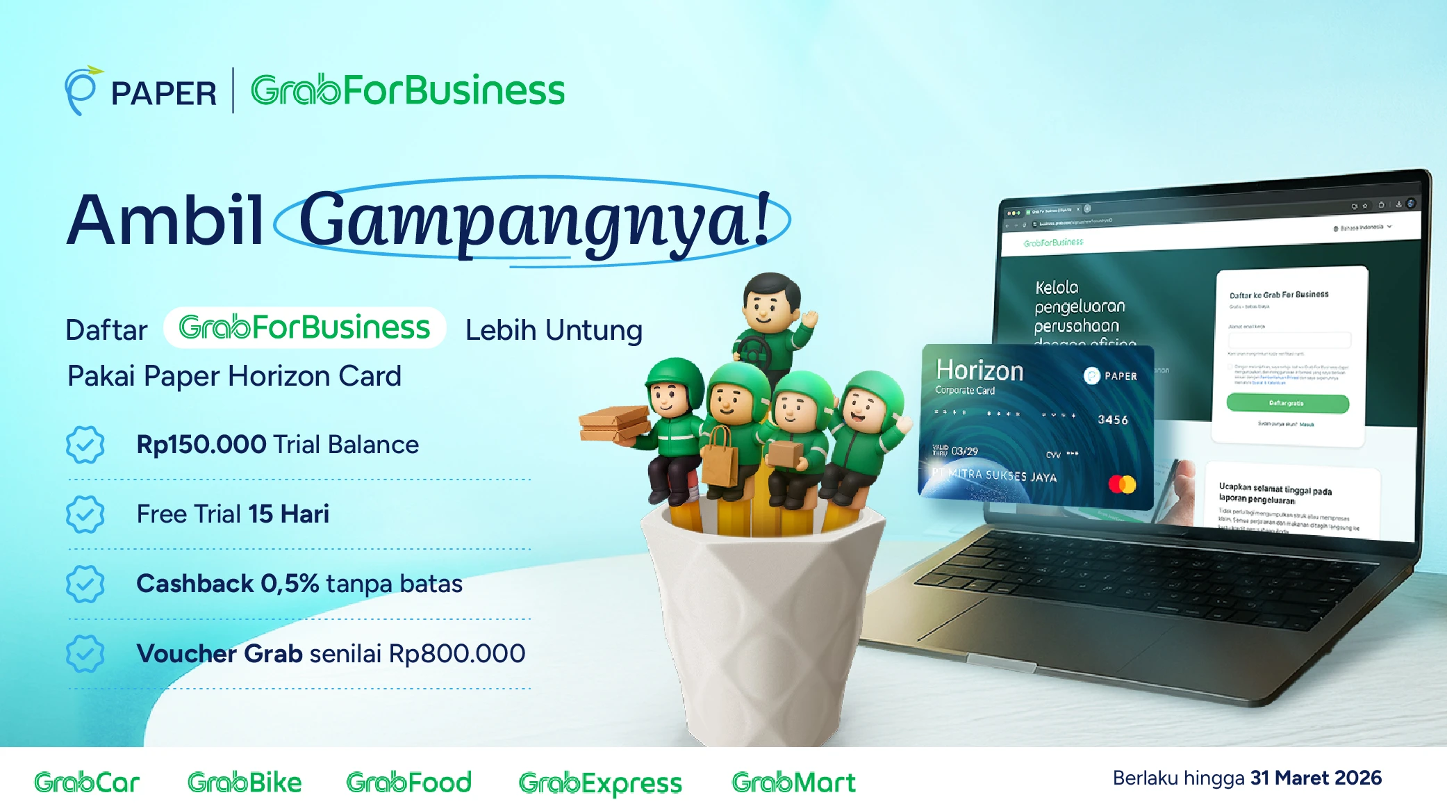 Promo Grab For Business x Paper Horizon Card: Gratis Voucher Rp800 Ribu + Cashback Tanpa Batas!