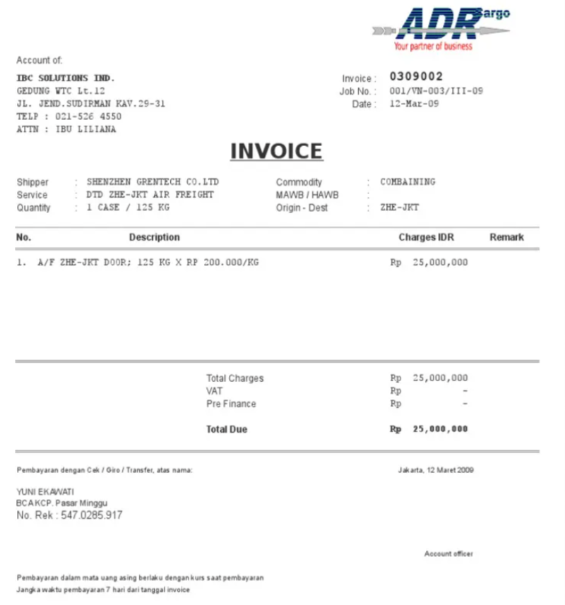 Contoh Invoice Pengiriman Barang ke Luar Negeri