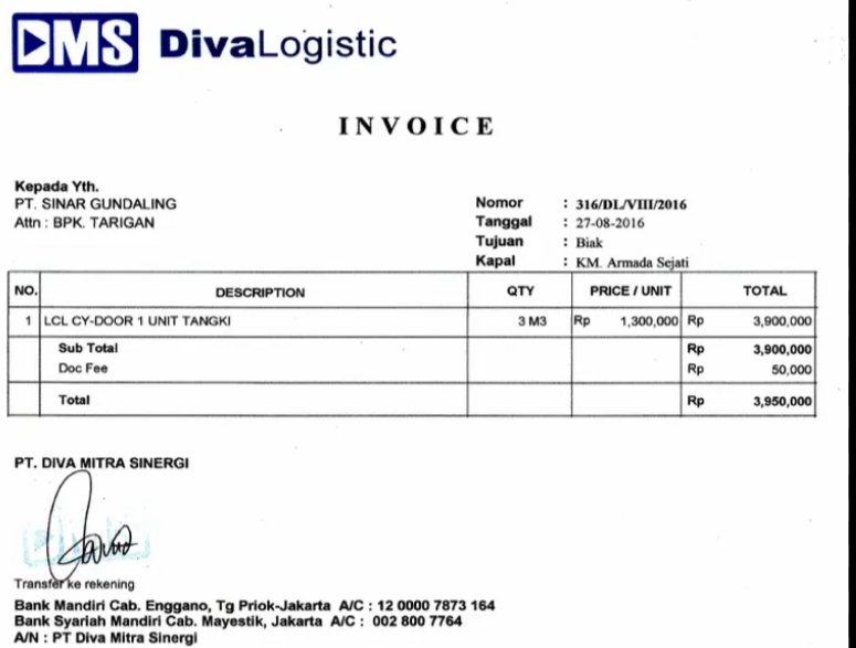 Invoice Ekspedisi dengan Detail Ongkir