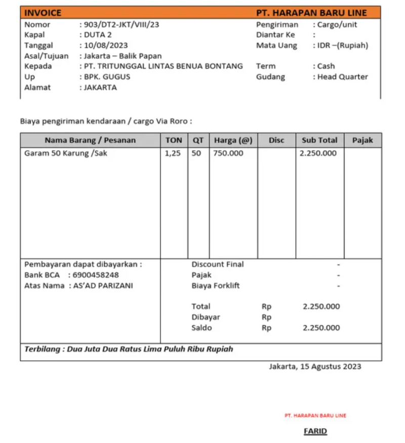 Contoh Invoice Jasa Pengiriman Barang Freight Forwarding atau Logistik