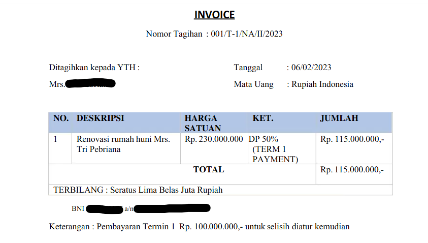 contoh invoice proyek termin renovasi rumah