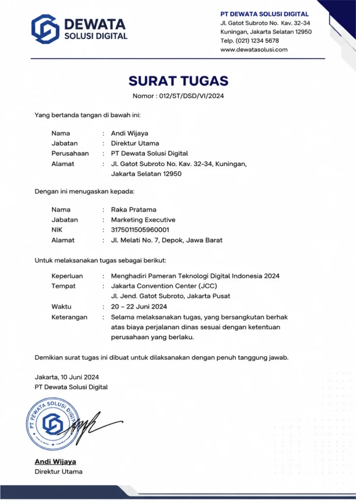 surat tugas perjalanan dinas karyawan swata
