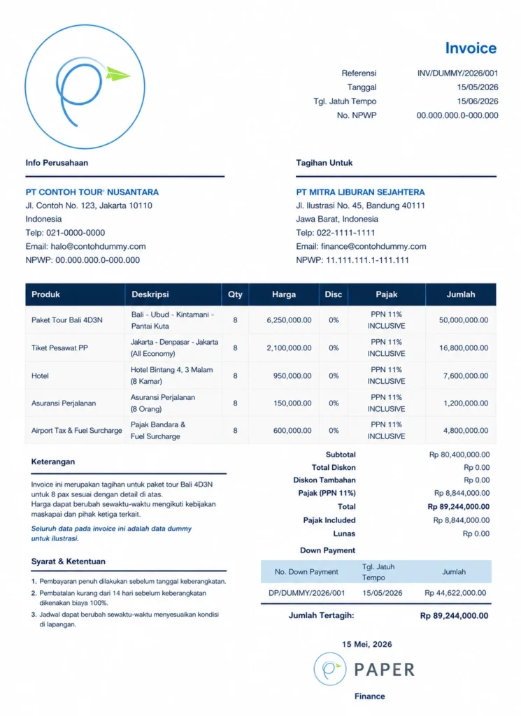contoh invoice paket tour