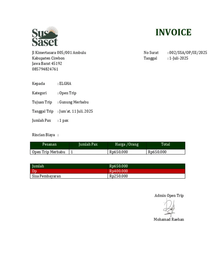 Invoice trip Merbabu 1 pax