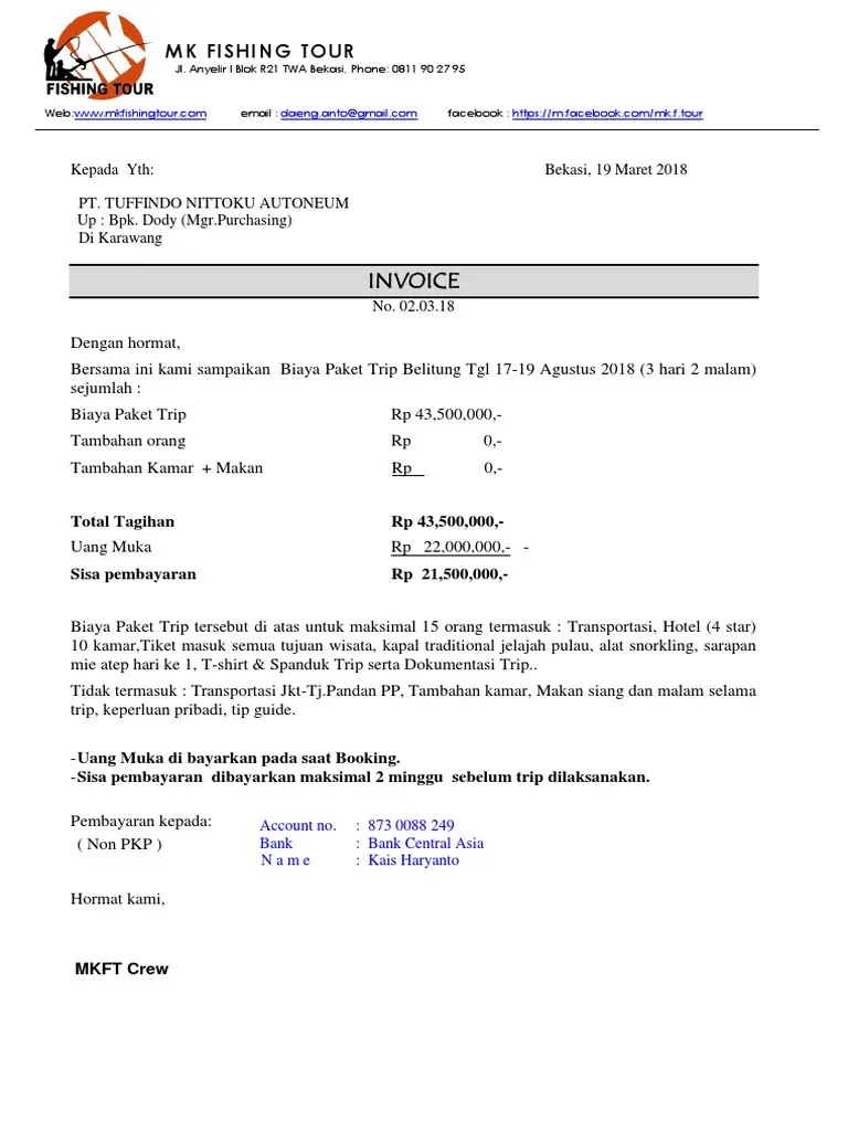 Invoice trip Belitung rombongan