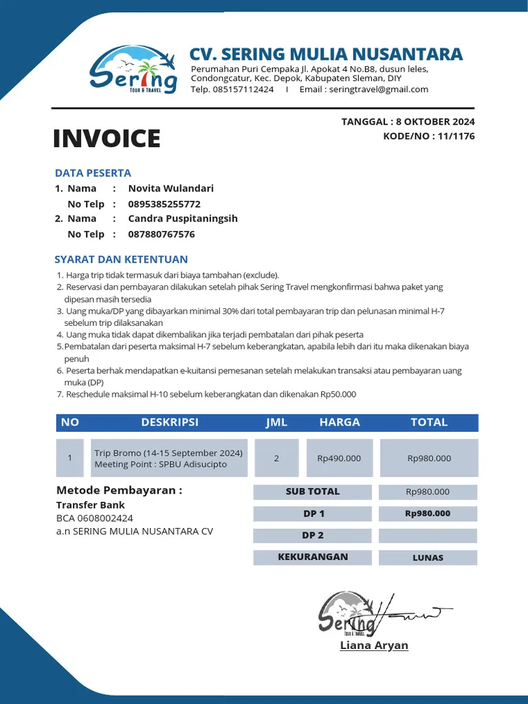Contoh invoice open trip yang sudah lunas