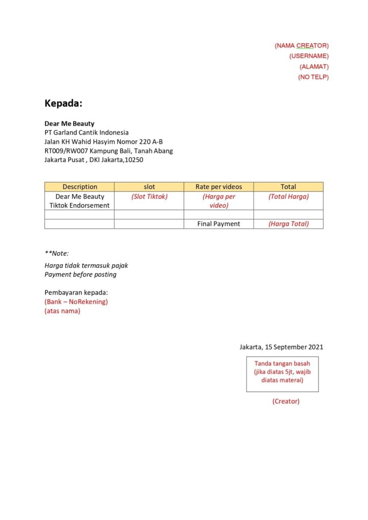 Contoh invoice endorse TikTok