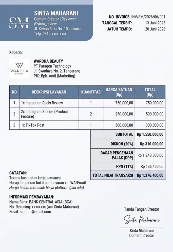 Contoh invoice Instagram