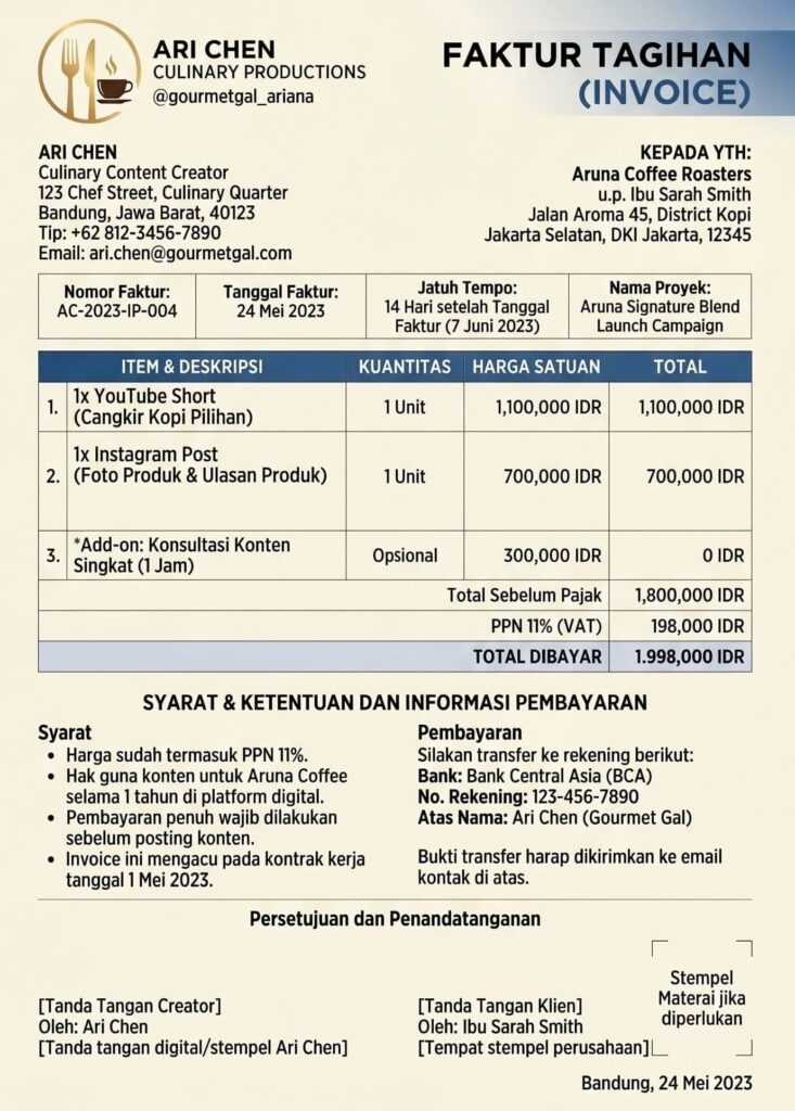 Contoh invoice endorsement kreator kuliner