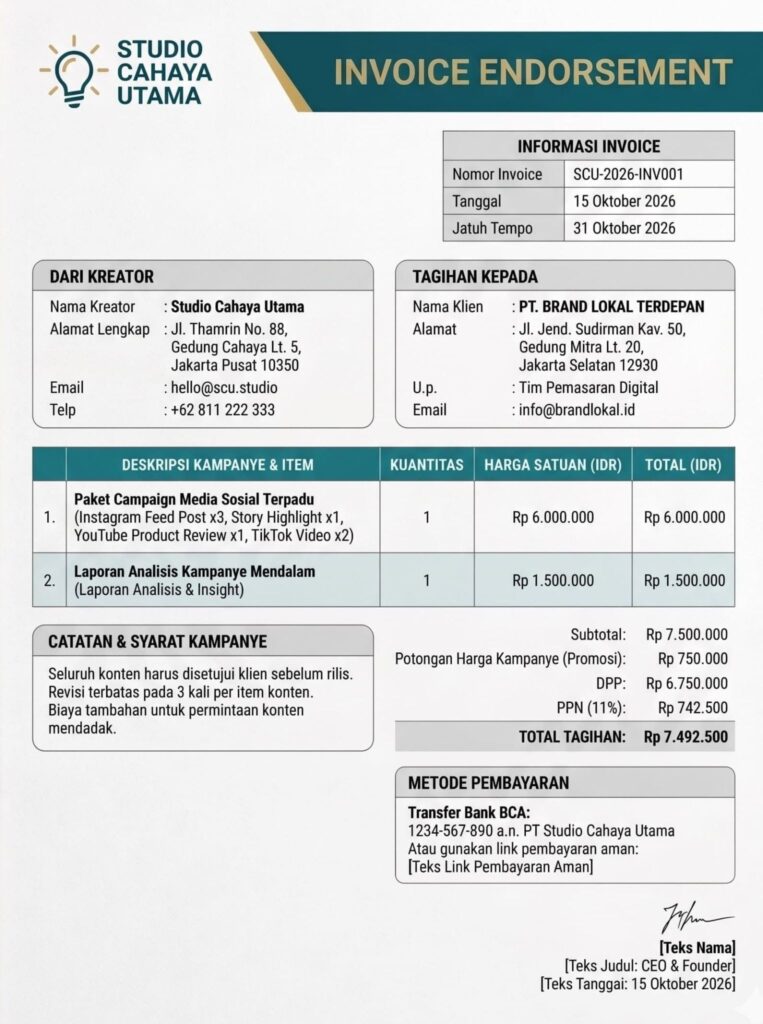 Contoh invoice endorsement dari studio atau agensi kreatif