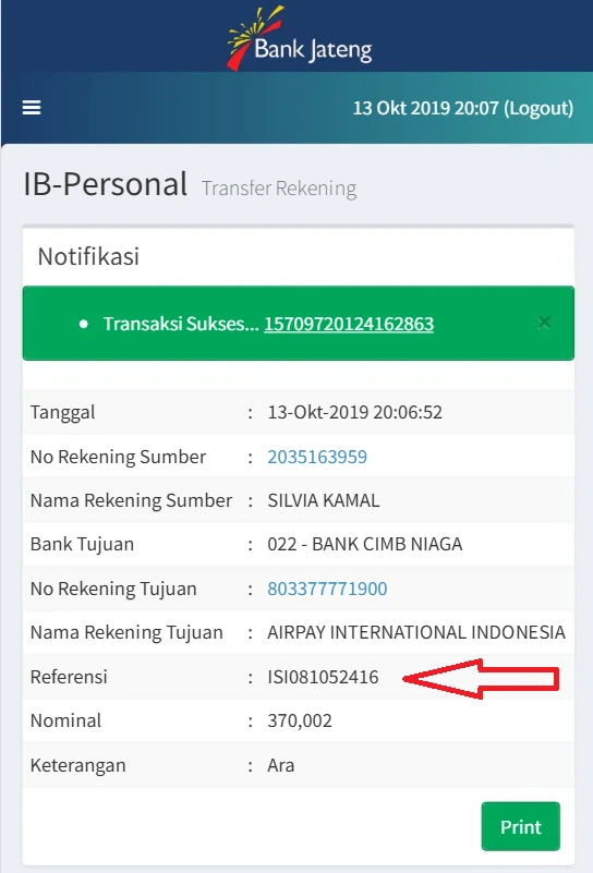 cek nomor referensi bank jateng lewat internet banking