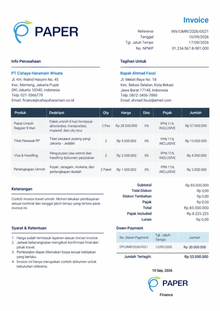 contoh invoice travel umroh Paper