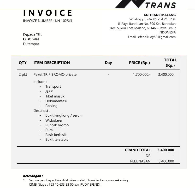 Invoice Private Tour