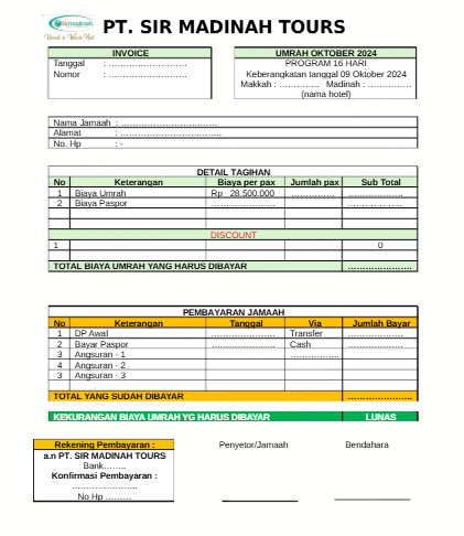 Contoh Invoice PT Sir Madinah Tours