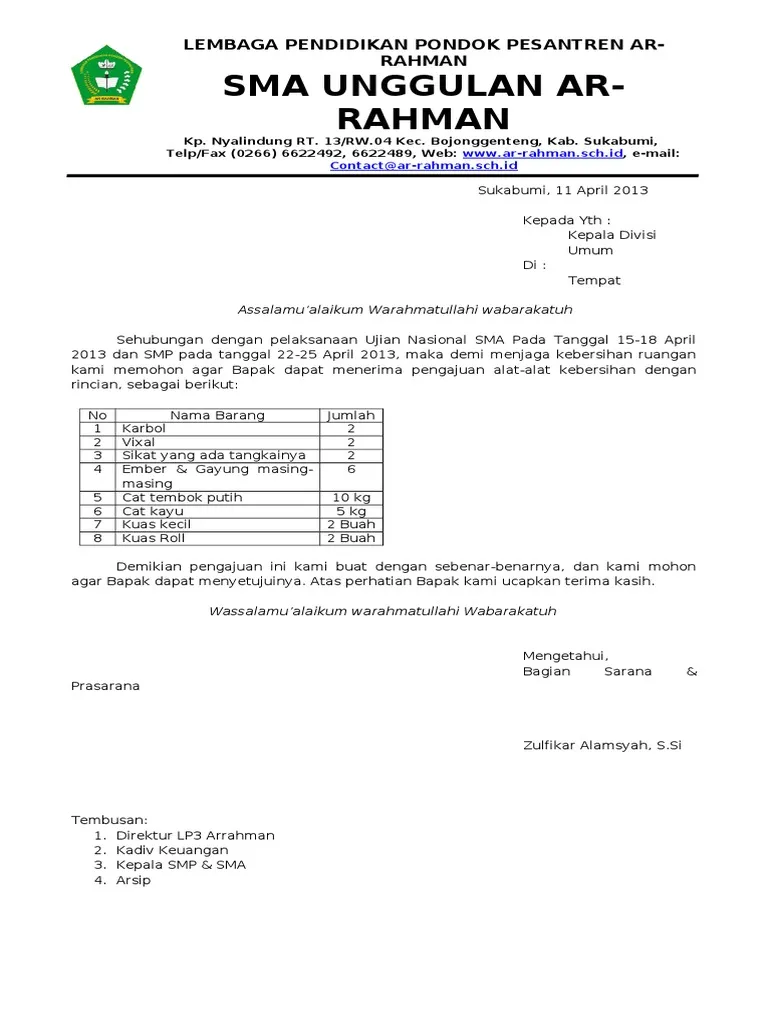 Contoh surat pengadaan alat kebersihan