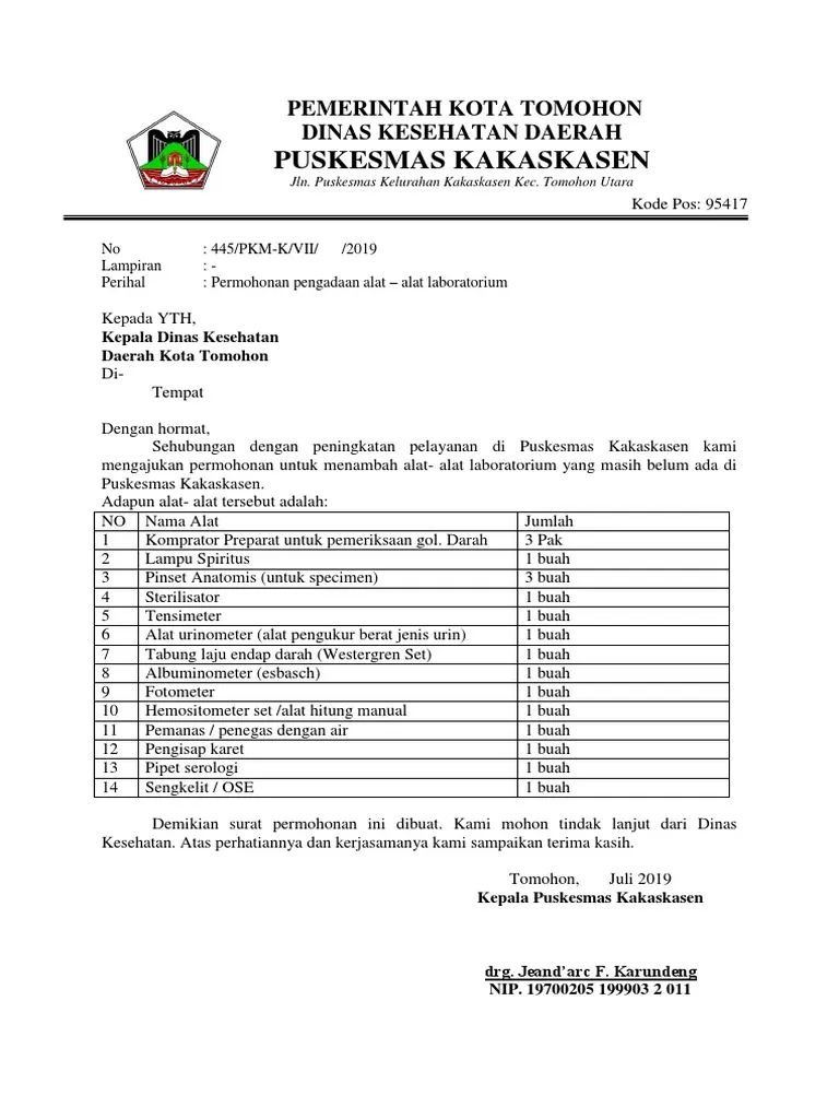 Contoh surat pengadaan barang lab IPA