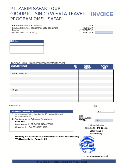 Contoh Invoice PT Zaem Safar Tour