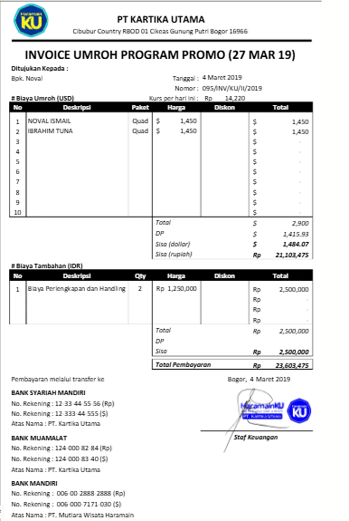 Contoh Invoice PT Kartika Utama