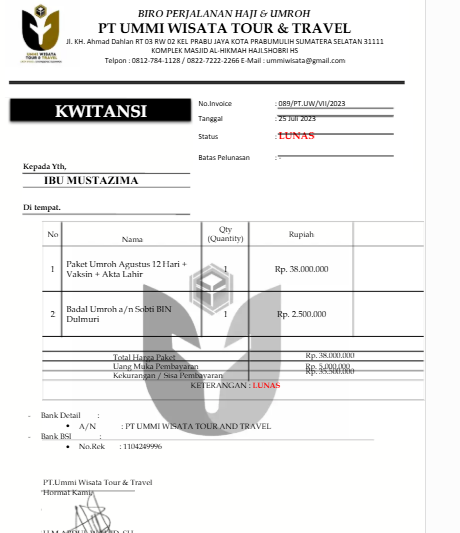 Contoh Invoice PT Ummi Wisata Tour & Travel