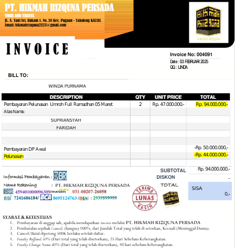 Contoh Invoice PT Hikmah Rizquna Persada