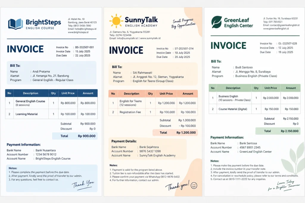 contoh invoice kursus bahasa inggris