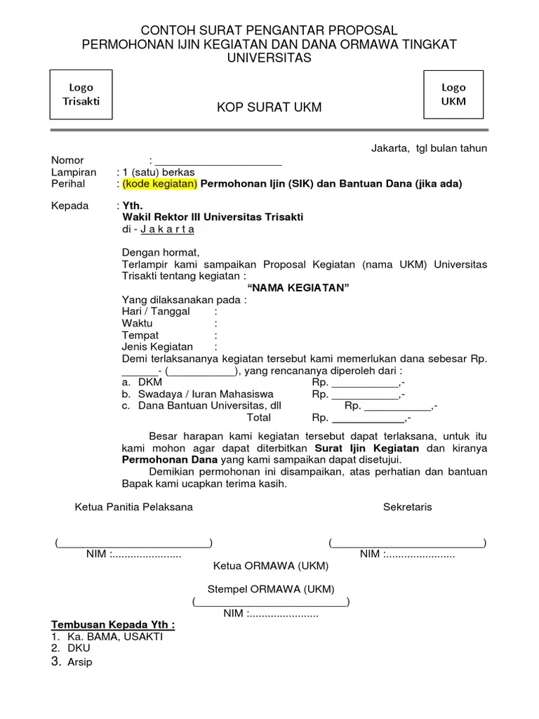 Contoh surat pengajuan dana Ormawa